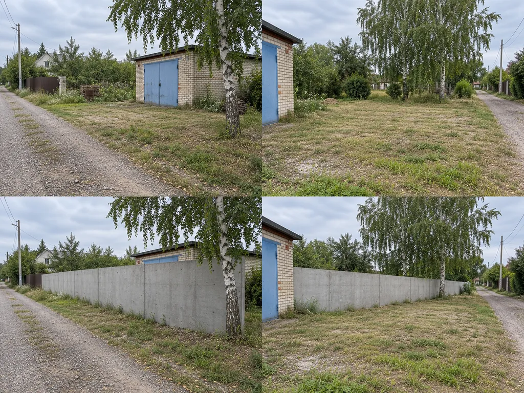 Монолитные заборы: ограждение двора из монолитного бетона, после установки · ракурс 1. Визуализация
