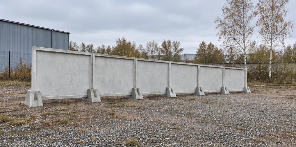 Железобетонные панели на отдельных опорных блоках вдоль складской площадки. Фотореалистичная визуализация