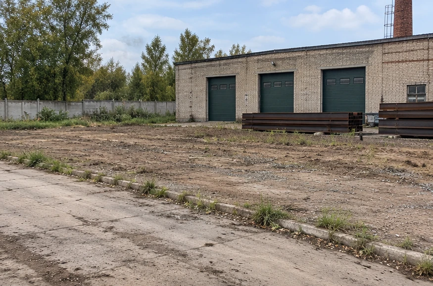 Бетонный забор для временной площадки. Участок до установки ограждения. Временный периметр у ремонтного цеха. Визуализация.