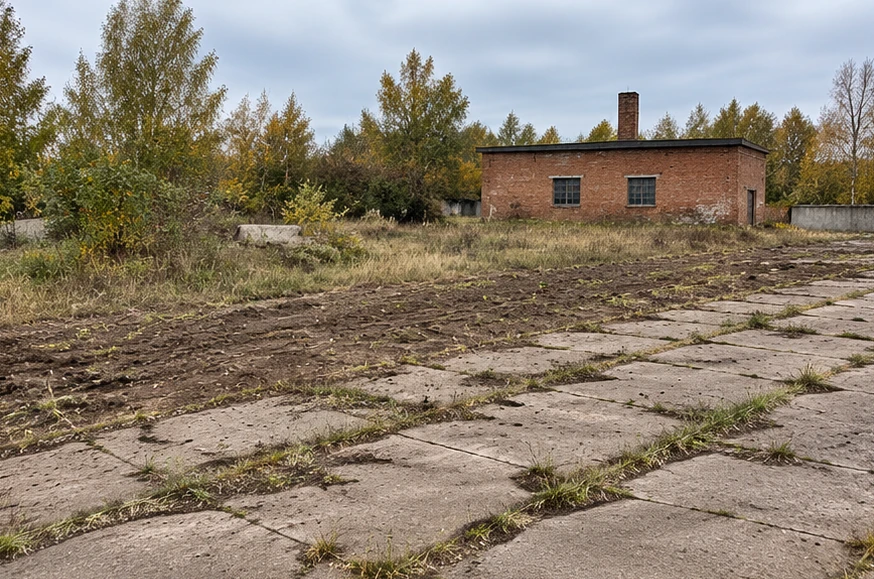 Ребристые железобетонные панели на отдельных опорах. Участок до установки ограждения. Площадка возле котельной. Визуализация.