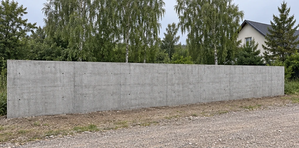 Монолитный бетонный забор. Готовое ограждение. Монолитный забор вдоль загородного участка. Визуализация.