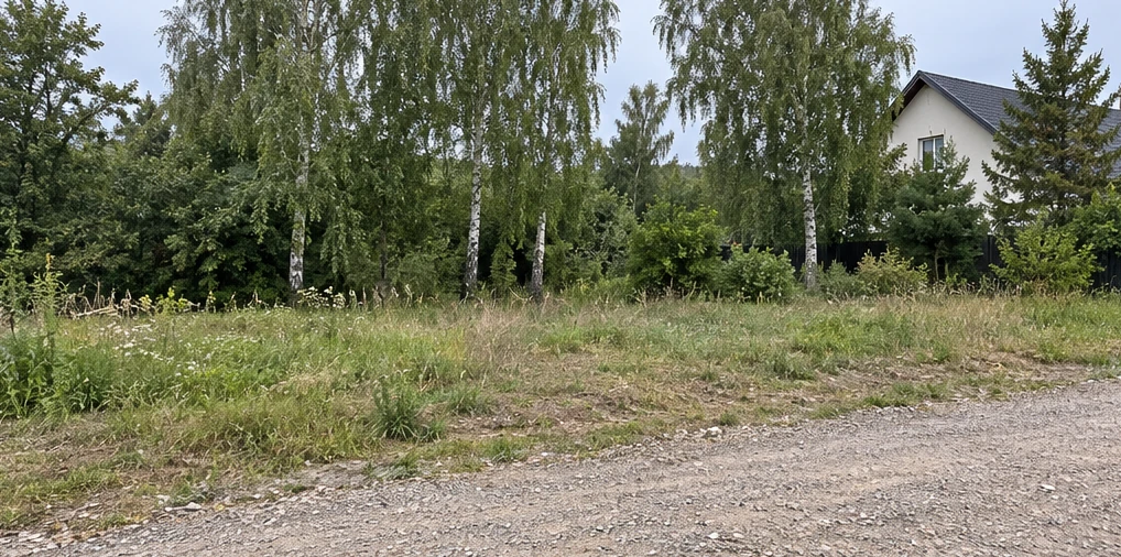Монолитный бетонный забор. Участок до установки ограждения. Монолитный забор вдоль загородного участка. Визуализация.